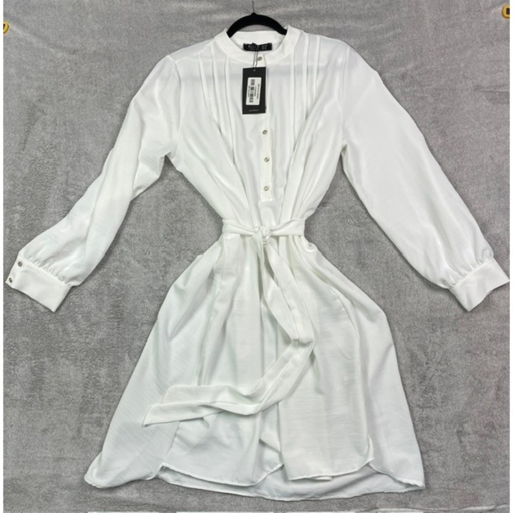 Refka Women White Belted Long Sleeve Tunic Dress Size 44 Ekru Button Up Modest